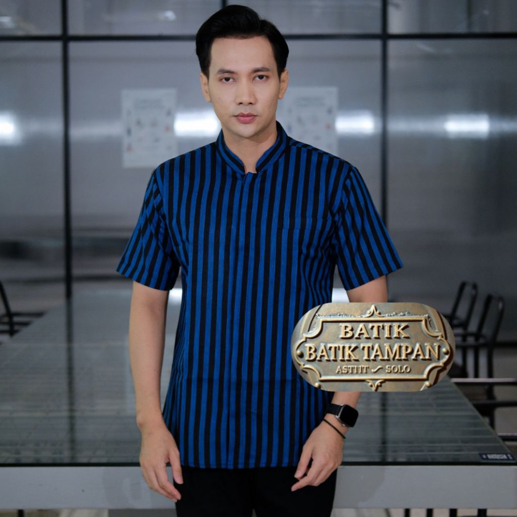 KEMEJA BATIK PRIA LENGAN PENDEK PANJANG LURIK PEDAN ASLI HEM KOKO SLIMFIT BIRU NAVY HITAM KERAH SANG