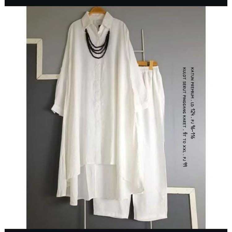 Naura Setelan Tunik Putih Wanita Katun Premium  Atasan Panjang  Celana Kulot