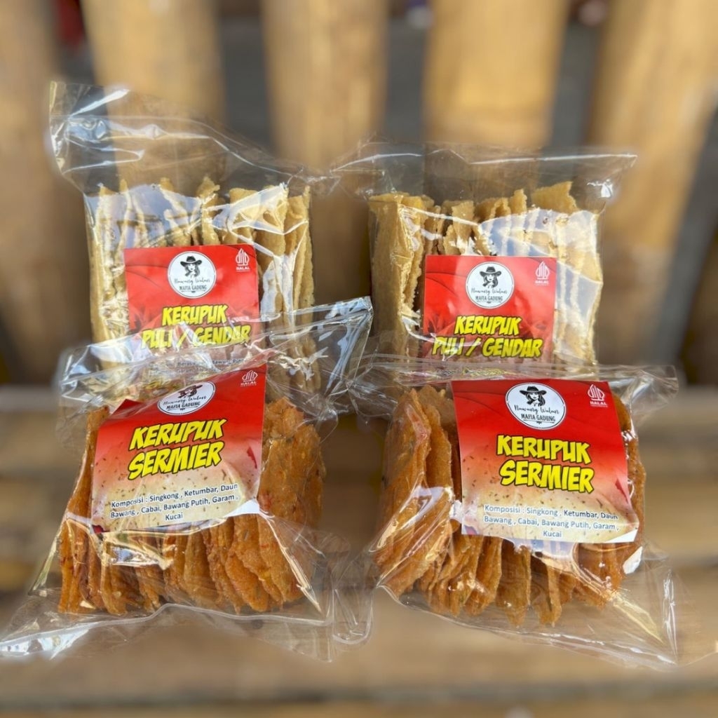 

4 PACK KERUPUK MENTAH ISI 2 PACK KERUPUK PULI + 2 PACK KERUPUK SERMIER PEDAS