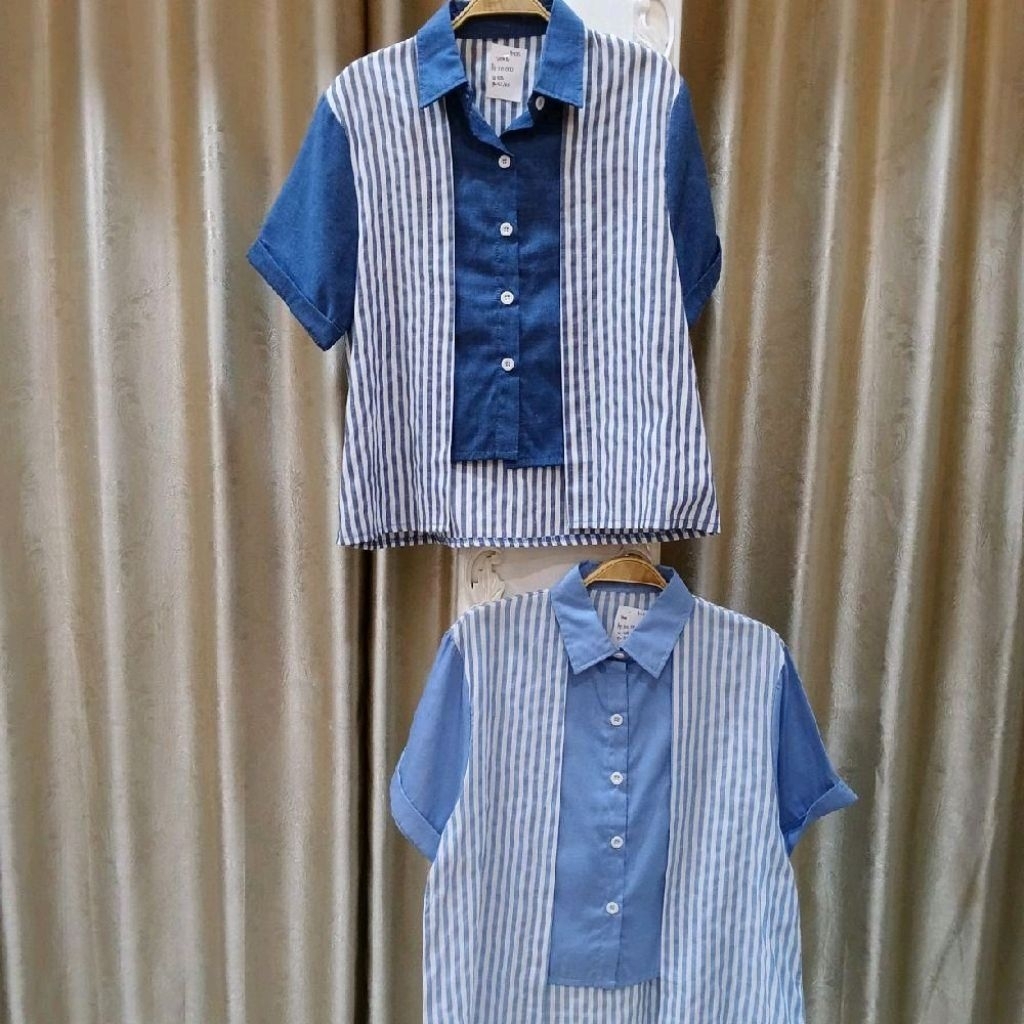 Atasan wanita kemeja katun kombinasi motif garis-garis | Kemeja motif garis-garis katun premium impo