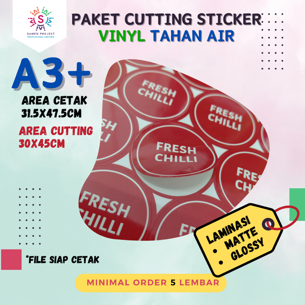 

Cetak Print Cutting Stiker Sticker Label Vinyl A3+ Full Colour Tahan Air Kiss Half Cutt Matte Glossy