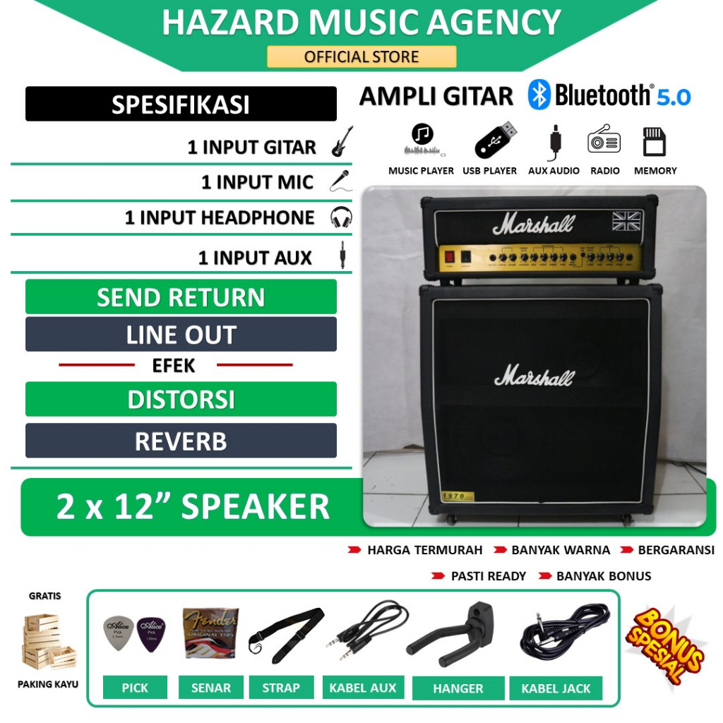 Ampli Gitar & Bass 2x12 Inch Marshall bisa untuk karaoke 3 Input Head Cabinet plus efek distorsi