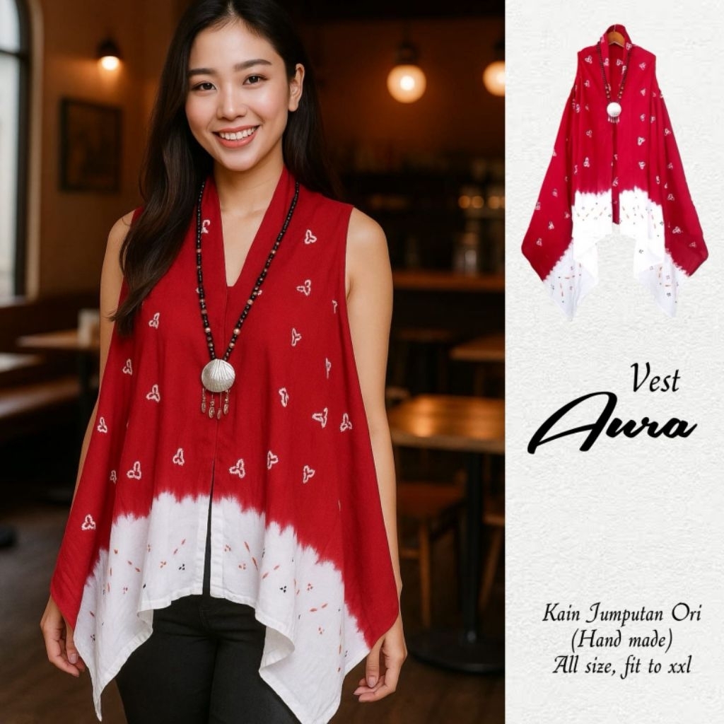 Aura Jumputan Merah Putih Outer Wanita Motif Batik Merah Putih Hand Made