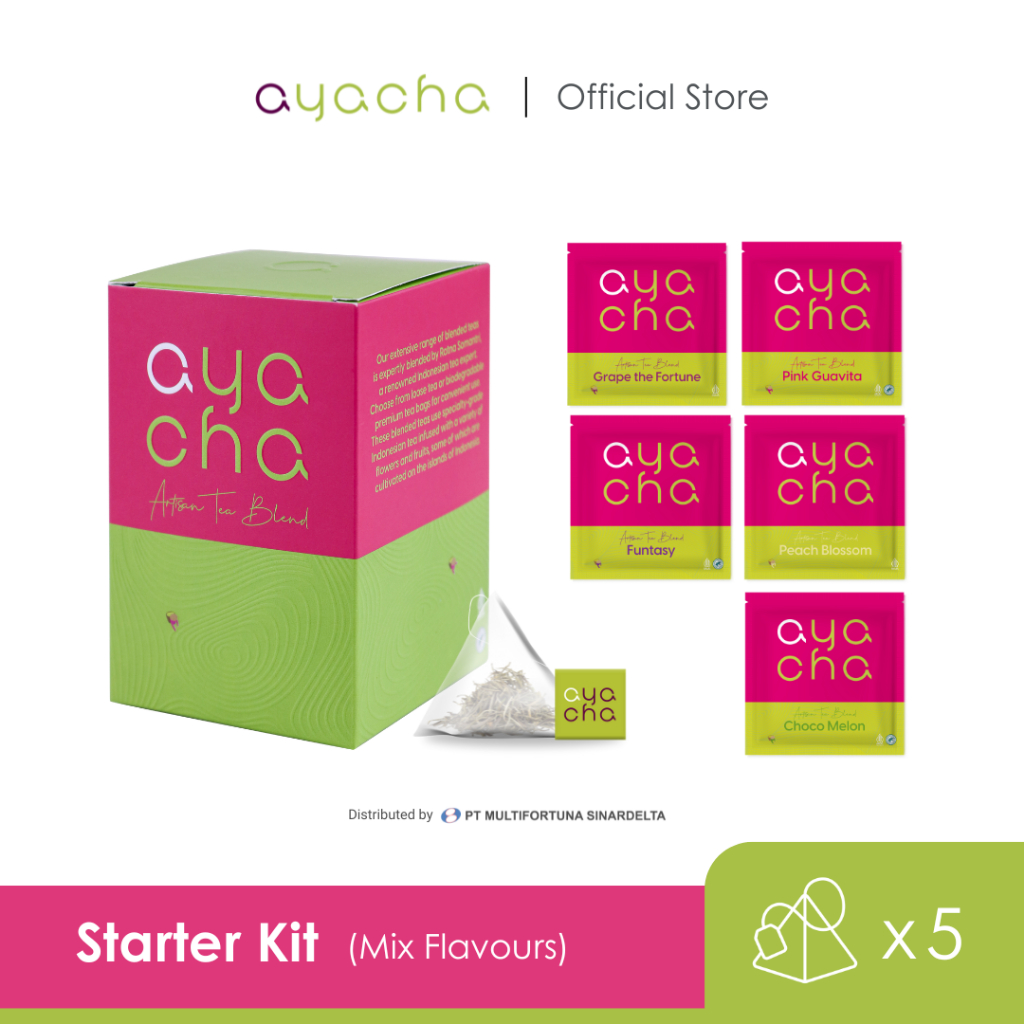 

Ayacha Starter 1 Kit Mix Flavours 5 Pcs Pyramid Bag In Sachet | Grape The Fortune, Pink Guavita, Funtasy, Peach Blossom, Choco Melon | Teh Bunga Teh Fruity