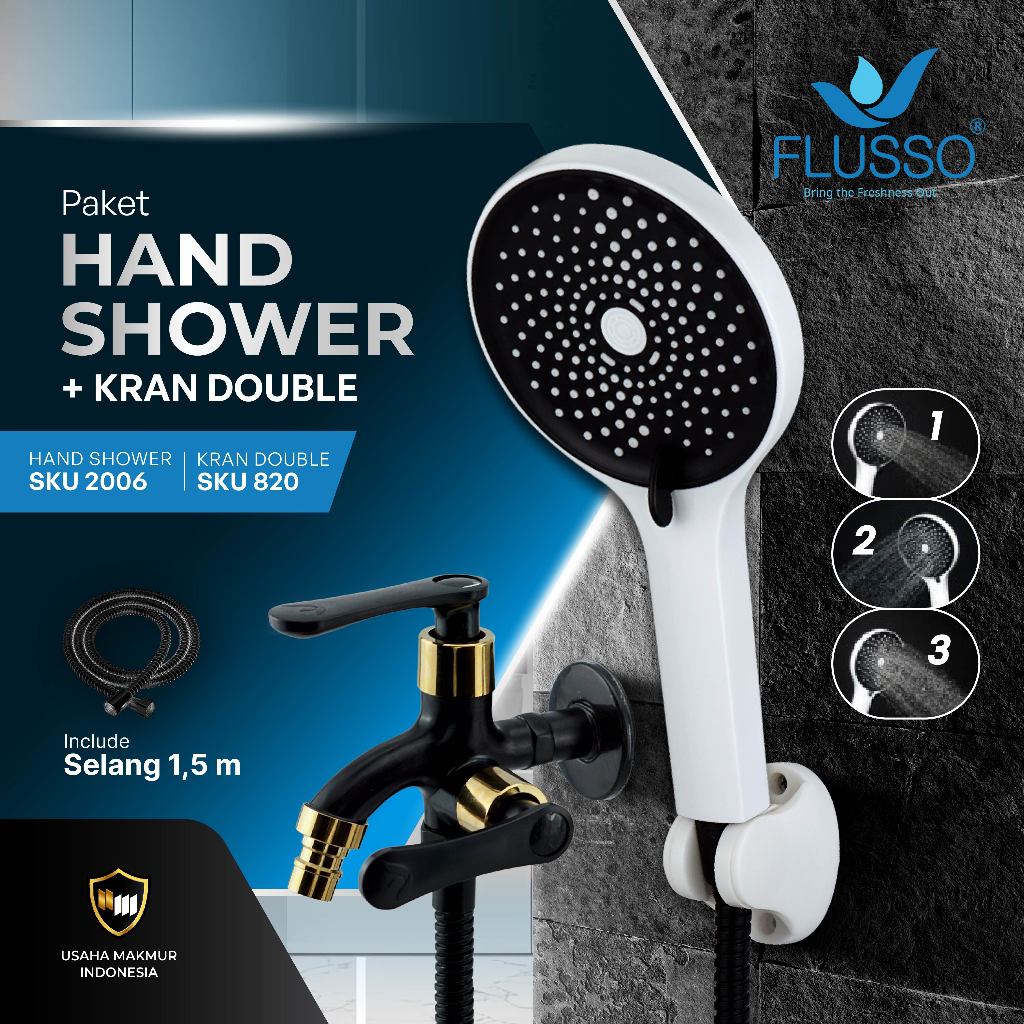 FLUSSO Paket Hemat Shower Set Komplit + Keran Double Black Gold Kuningan Flusso GARANSI 1 TAHUN