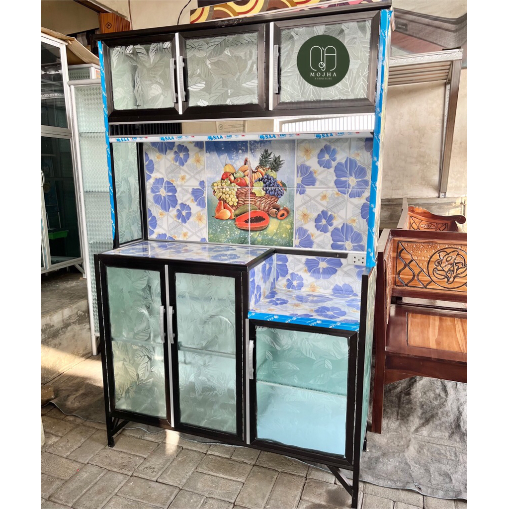 RAK LEMARI PIRING ALUMINIUM KACA KERAMIK TEMPAT MAGICOM