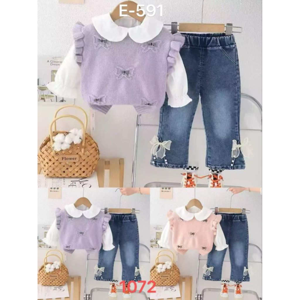 Setelan panjang anak cewek 1tahun - 5tahun setjins anak perempuan motif bunga warna lilac kuning pin