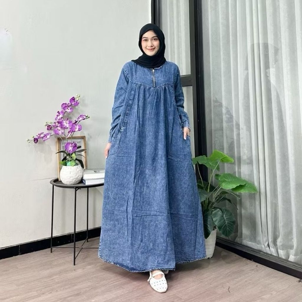 Gamis Jeans Busui Resleting All Size Wanita Panjang Ld 110-115