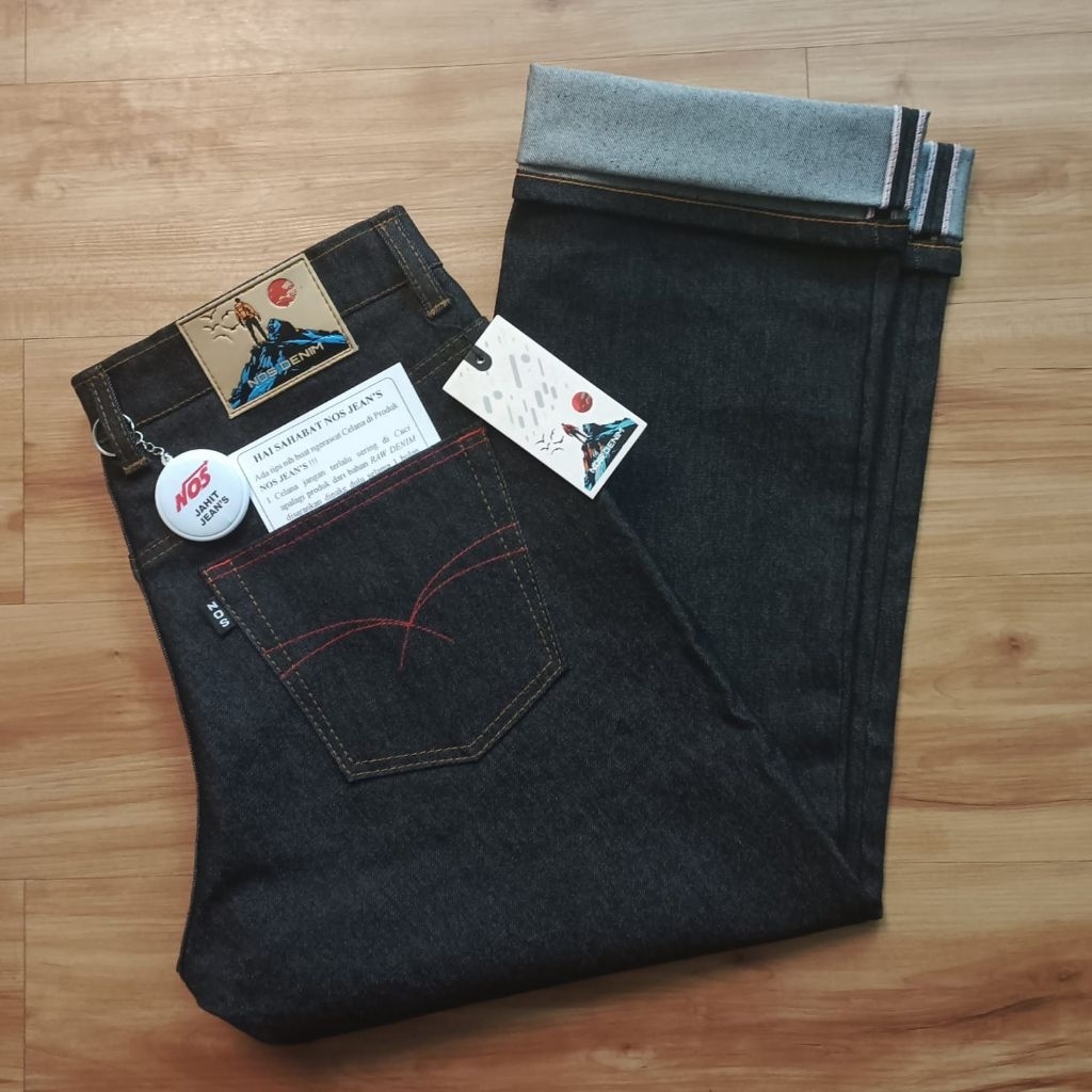RAW DENIM SELVEDGE V- ONE SLIMFIT BLACK  14oz, ( READY SIZE 26 S/D 40 )