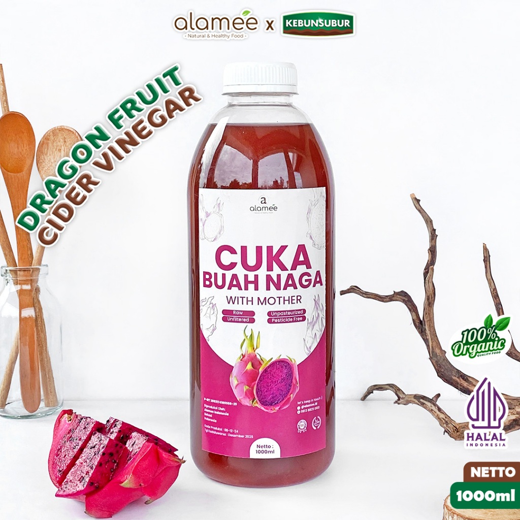 

ALAMEE Cuka Buah Naga Organik Dragon Fruit Cider Vinegar With Mother Fermentasi Probiotik 1000ml kebunsubur