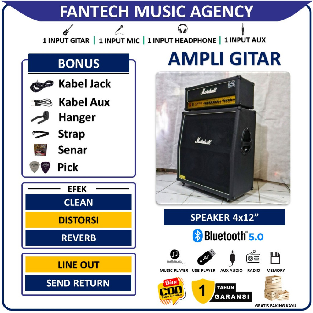 Ampli Gitar & Bass 4x12 Inch bluetooth bisa untuk karaoke 3 Input Marshall Head Cabinet Banyak Bonus