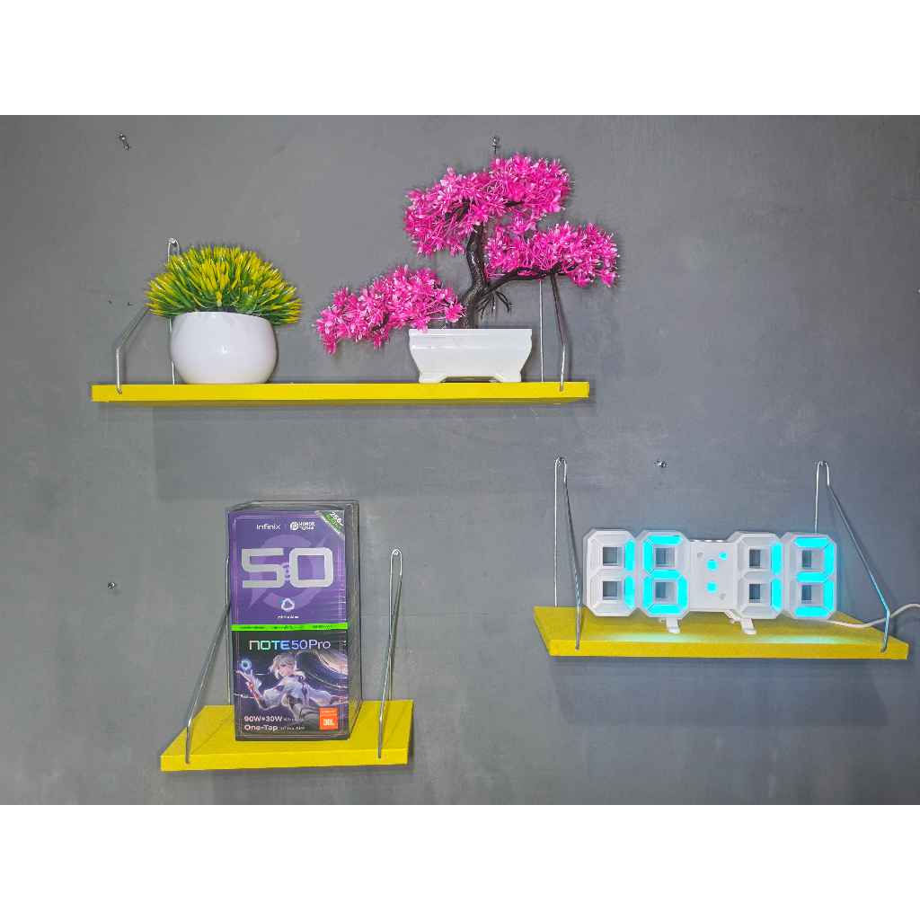 RAK DINDING GANTUNG BESI SERBAGUNA KAYU MINIMALIS 3 SUSUN, KUNING