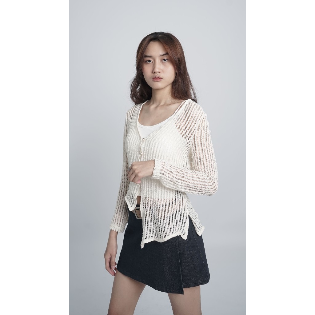 Cardigan Rajut Transparan Wanita – Outer Jaring Kekinian Lengan Panjang