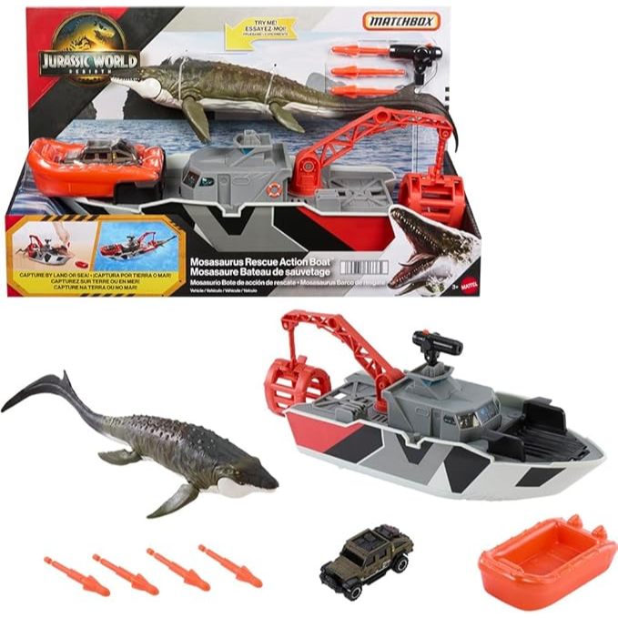 Matchbox Toy Car Playset, Jurassic World 12.5” Dino Boat with 13” Mosasaurus Dinosaur