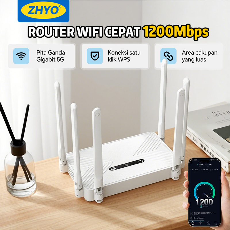 ZHYO Router WiFi Gigabit WIFI6 1200Mbps 6 Antena Tembus Tembok 5 Port LAN Gigabit Sinau, Game &