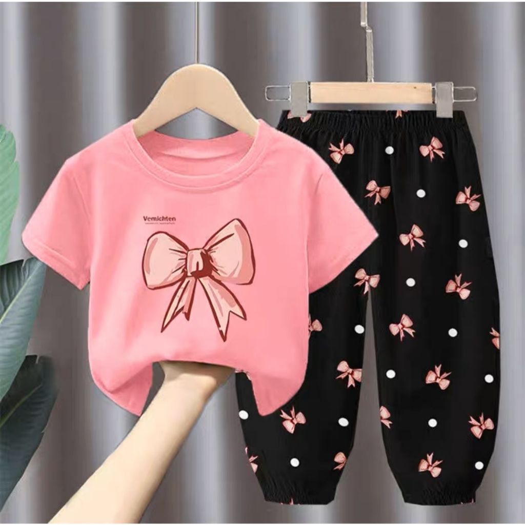 Setelan Anak Perempuan Atasan Spandek PE dan Celana Voxy Motif Pita Ribbon