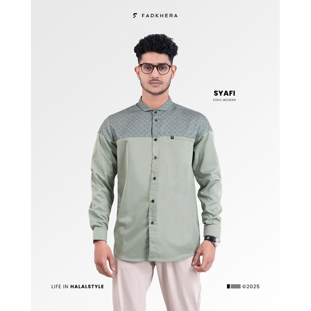Fadkhera SYAFI Koko Modern Kemeja Pria Sage Green Motif Terbaru