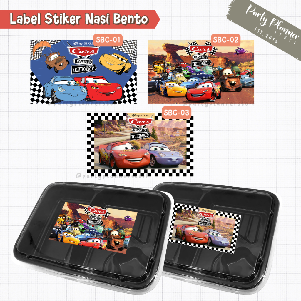 

Stiker label box nasi bento label stiker souvenir tema cars pixar Lightning McQueen happy birthday label stiker Mater Sally Carrera Doc Hudson stiker tema mobil stiker birthday ulang tahun anak