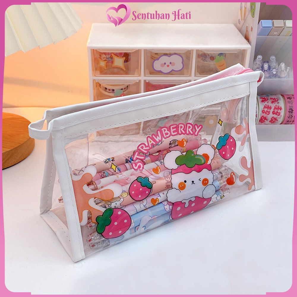 

EC Pouch Tempat Pensil Transparan Motif Kartun Multifungsi / Tas Pencil Case Anak Ala Korea Travel Serbaguna Sentuhan Hati A60