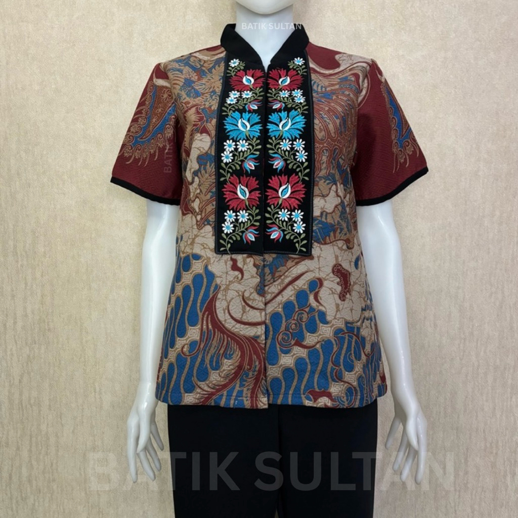 Atasan Batik Blouse Wanita Lengan Pendek Bordiran Premium Kain Katun Doby Elegan l Batik Cewe Mewah 