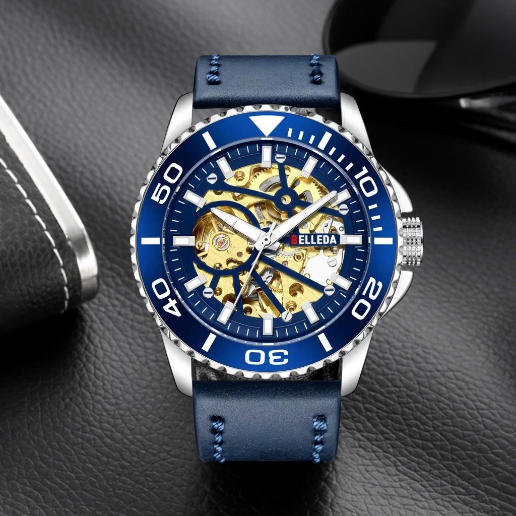 JAM TANGAN PRIA BELLEDA 9485 TALI KULIT MESIN OTOMATIS TANPA BATERAI ANTI AIR BERGARANSI