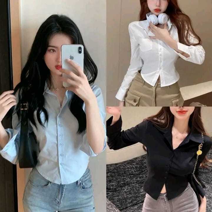 Kemeja Crop Top Korean Style / Kemeja Crop Top Lengan Panjang