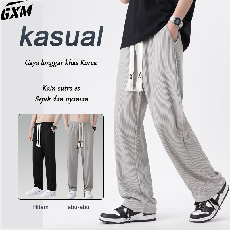 Celana lurus kasual Celana Korea Kain sutra es Celana Longgar Pria Tipis Celana Longgar Mode Celana 