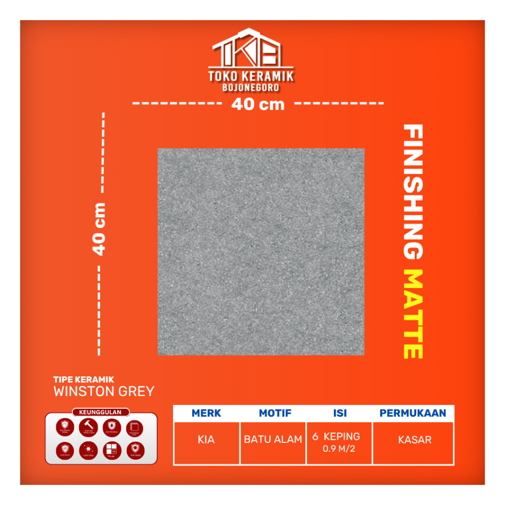 Keramik Lantai Matte kasar Motif Batu Alam 40x40 cm KIA Winston Grey