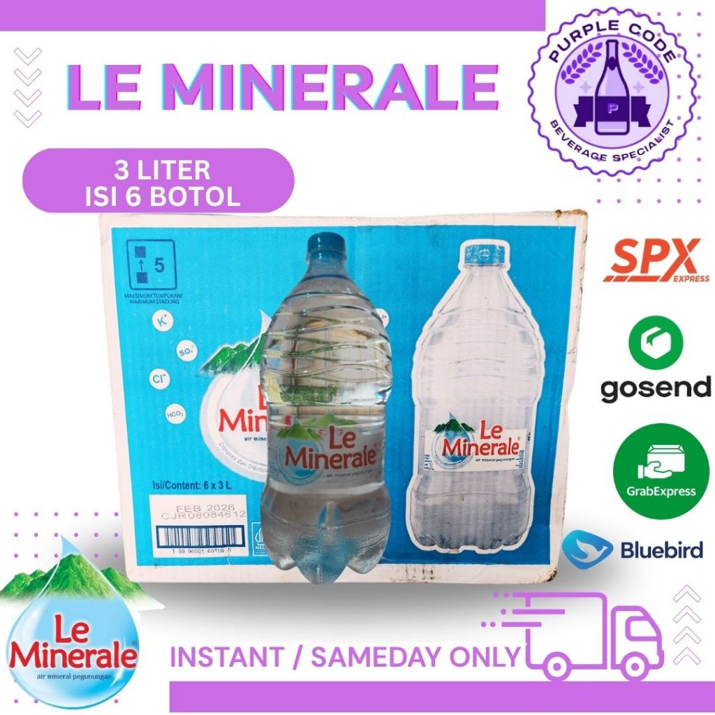 

(INSTANT) Le Minerale Botol JUMBO 3Liter KEMASAN DUS ISI 6 - READY Lemineral Air Minum Kemasan Botol Minuman Kardus