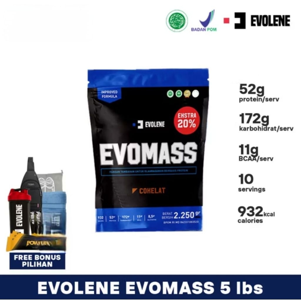 EVOLENE Evomass Mass Gainer 5 lbs 2250 gram 10 serving - Susu Bulking with Whey Protein