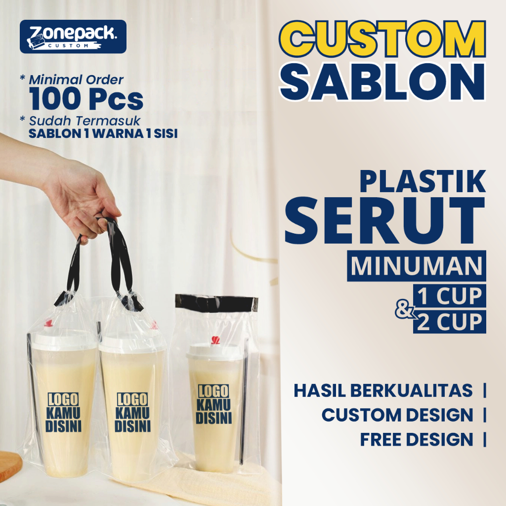 Plastik Serut Minuman 1 Cup & 2 Cup | Sablon 1 Warna 1 Sisi Custom Free Desain | Kantong Gelas