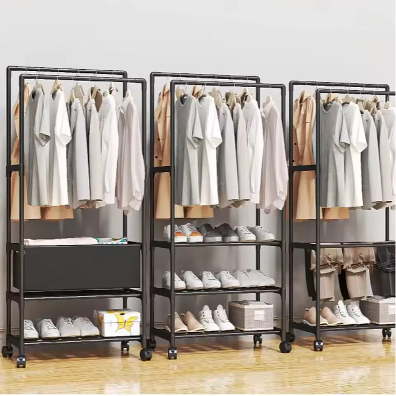 Gantungan Baju Rak Pakaian / Rak Penyimpanan Pakaian / Rak Jemuran Baju Serbaguna 3 Tingkat Roda