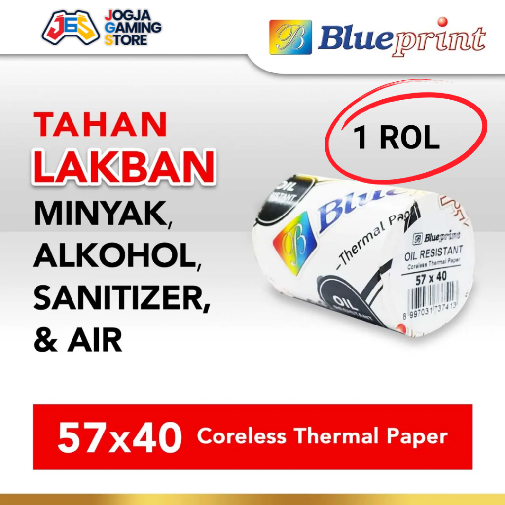 

KERTAS THERMAL / KERTAS KASIR STRUK POS BLUEPRINT 57x40 mm Oil Resistant TAHAN LAKBAN - 1 Roll