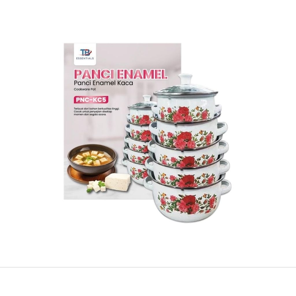 PANCI SET ENAMEL BUNGA 5 SUSUN TUTUP KACA / Panci Enamel kembang 5 susun / panci enamel tutup kaca