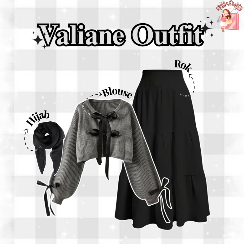 Valiane Outfit (Sweater Rajut Ribbon, Rok Susun, Hijab Bella Square)Outfit Lucu Cewe Kekinian AO1B L