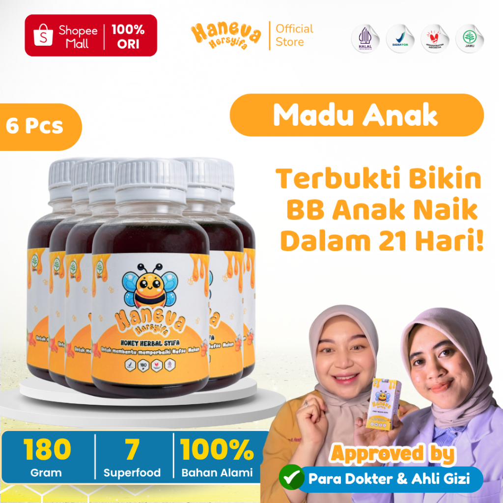 

HANEVA HERSYIFA - Madu Anak Penambah Nafsu Makan - 2 Thn Keatas | BPOM dan Halal MUI Isi 6 Pcs