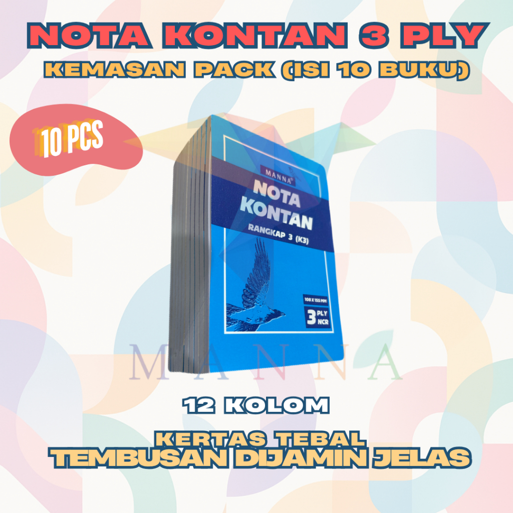 

(Isi 10 pcs) Nota Kontan 3 ply NCR Putih Merah Kuning ukuran Kecil (108mm x 155mm) merk MANNA 20 SHEET PREMIUM QUALITY