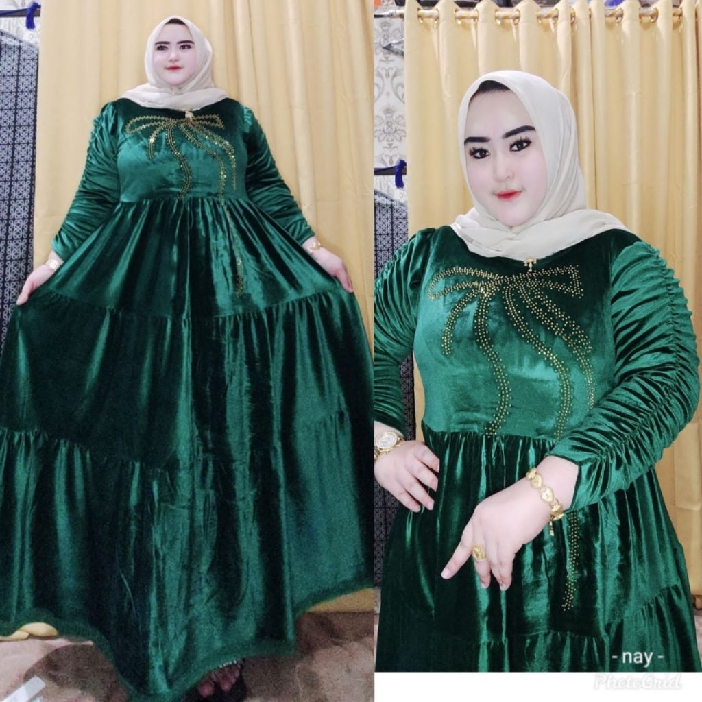 Gamis bludru pita dada standar & jumbo