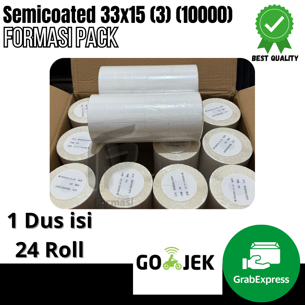 

LABEL SEMICOATED(BUKAN THERMAL) 33 x 15 mm 3 Line, (1 Dus isi 24 Roll ) Stiker Printer Barcode, Core 1 Inch isi 10000 Pcs