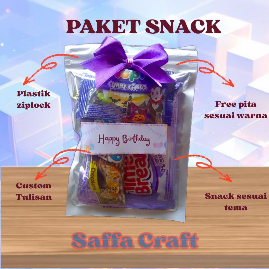 

Paket Snack Ulang Tahun Hampers Mini Gift Snack Tema Ungu Free Pita Plastik Ziplock
