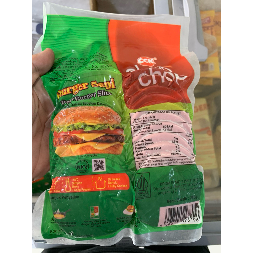 

CHOP CHOP DAGING BURGER SAPI SLICE 280GR BULAT KECIL ISI 20