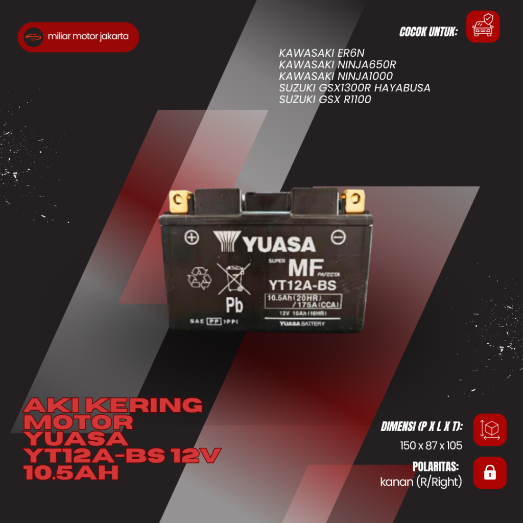Aki Kering Motor Yuasa YT12A-BS 12V 10.5Ah Kawasaki ER6N Ninja1000 GSX1300R
