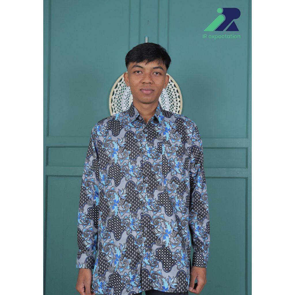 Kemeja Batik Pria Lengan Panjang--Motif Parang Kombinasi Abu dan Biru--Slimfit Elegan--Formal Bisa d