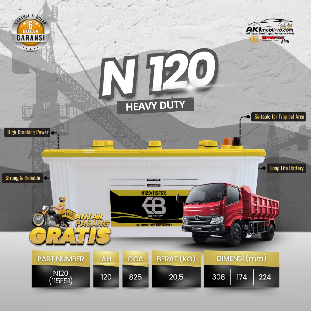 Aki Mobil Truk Hino Dutro | Dump Truk | Nissan truk | EB BATTERY N120 (115F51) 120Ah CCA 825Amps Bas