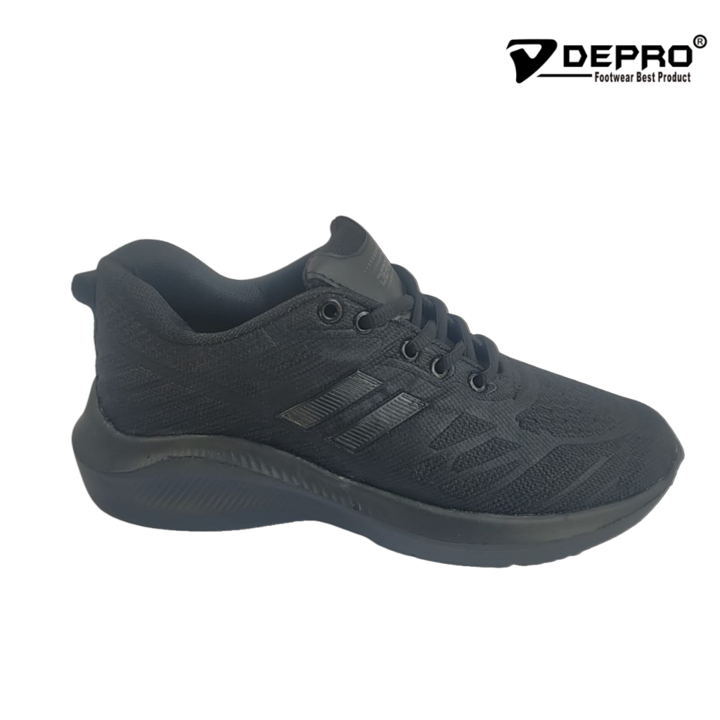 DEPRO Sepatu Pria Big Size 38-44 Sport Sneakers Casual Olahraga Running Lari Full Black Hitam Polos