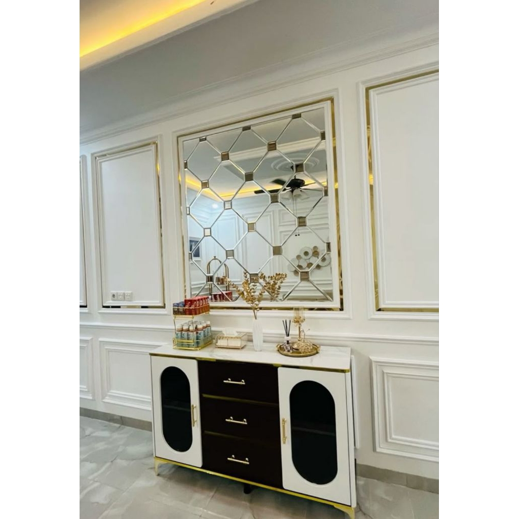 kaca cermin bevel motif diamond gold aesthetic