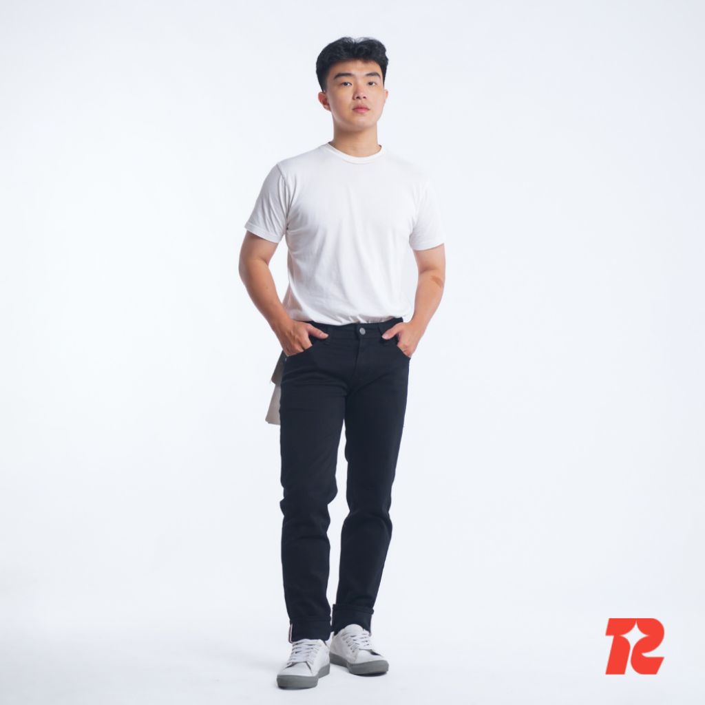 RAKERBE - Denim Fullblack Slimfit Celana Jeans Workpants Pria Hitam Polos Melar Accent Selvedge