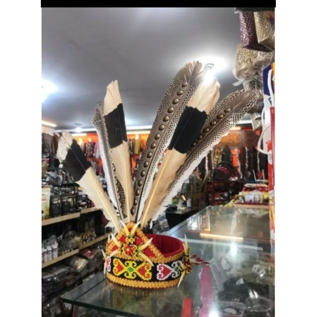 TOPI TARI DAYAK MAHKOTA BULU RUAI DAN TOPI ROTAN BULU PARUH