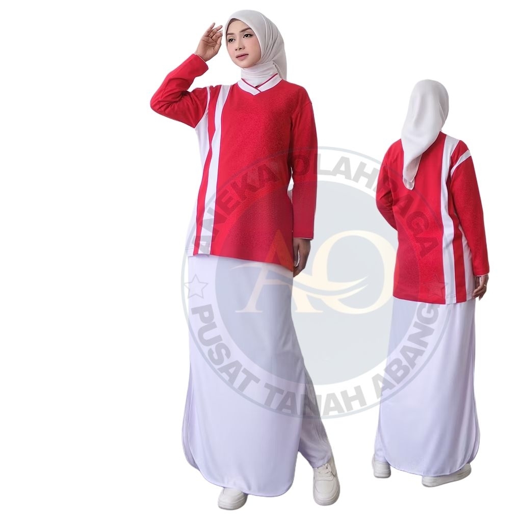 Setelan Olahraga Muslimah Wanita Warna Merah Putih – Baju Lengan Panjang & Rok Sporty Nyaman untuk S