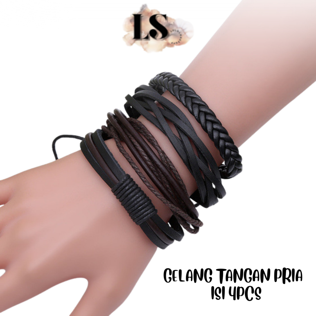 Set 4 Gelang Tangan Pria Kulit Retro Diameter 6 cm